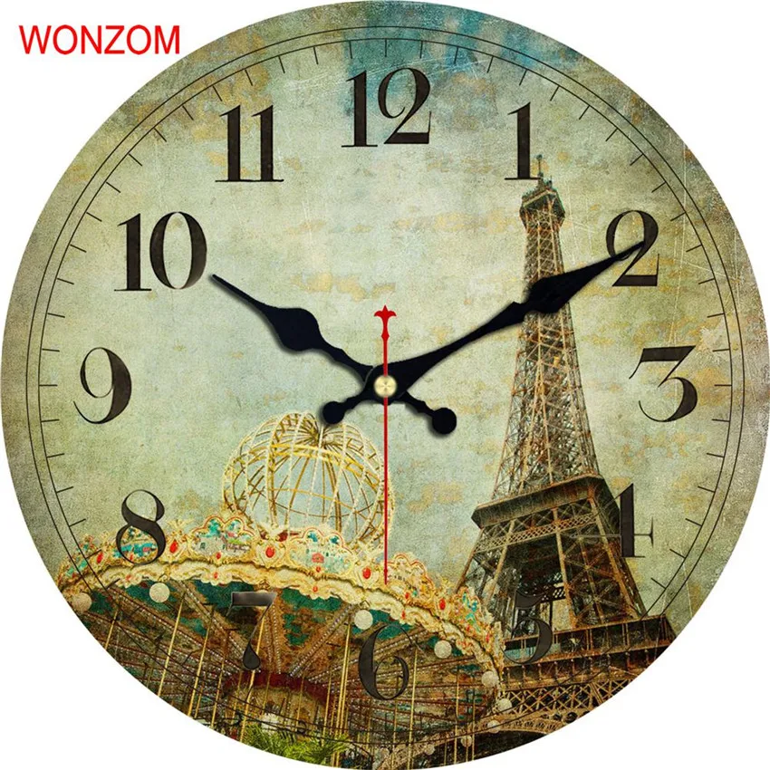 Современные большие настенные часы WONZOM с изображением Эйфелевой башни бесшумные