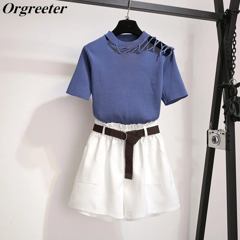 Tops and Shorts set Летний вязаный свитер, комплект из 2 предметов, с круглым вырезом, с открытыми плечами, с короткими рукавами, топ и пояс с бантом, свободные шорты, наряды, спортивный костюм для женщин - Цвет: Tops and Shorts set