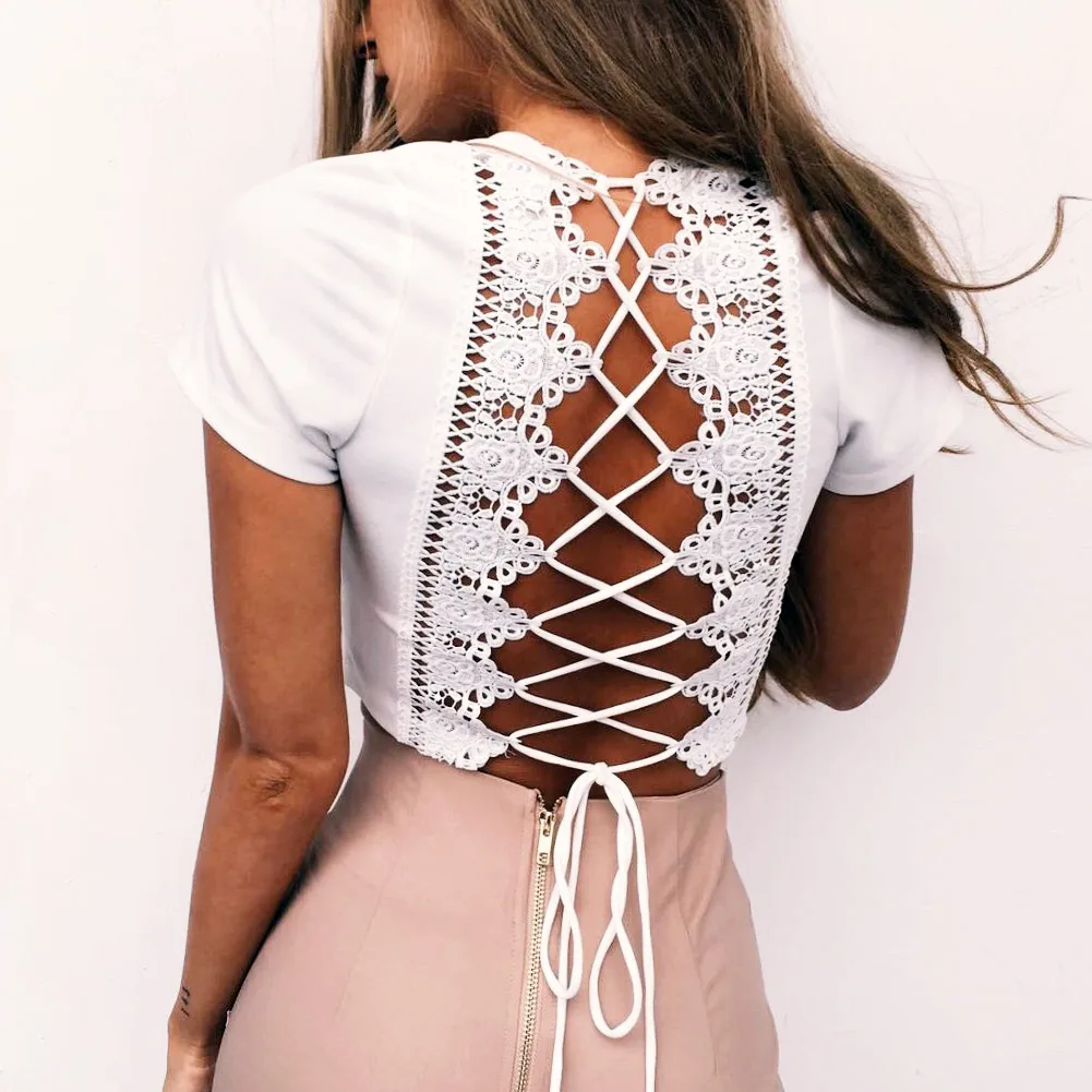 Сексуальный женский облегающий укороченный топ ажурный со шнуровкой сзади
