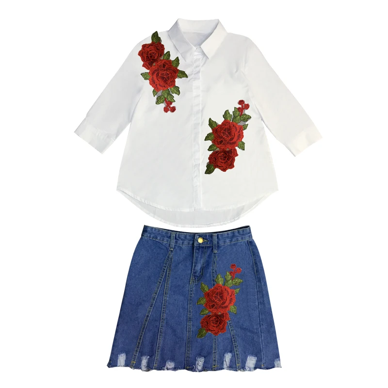 

Women'S New Summer Three-Dimensional Embroidered White Shirts Red Flowers Flash Hole Embroider Bull-Puncher Skirt Outfit S-XL