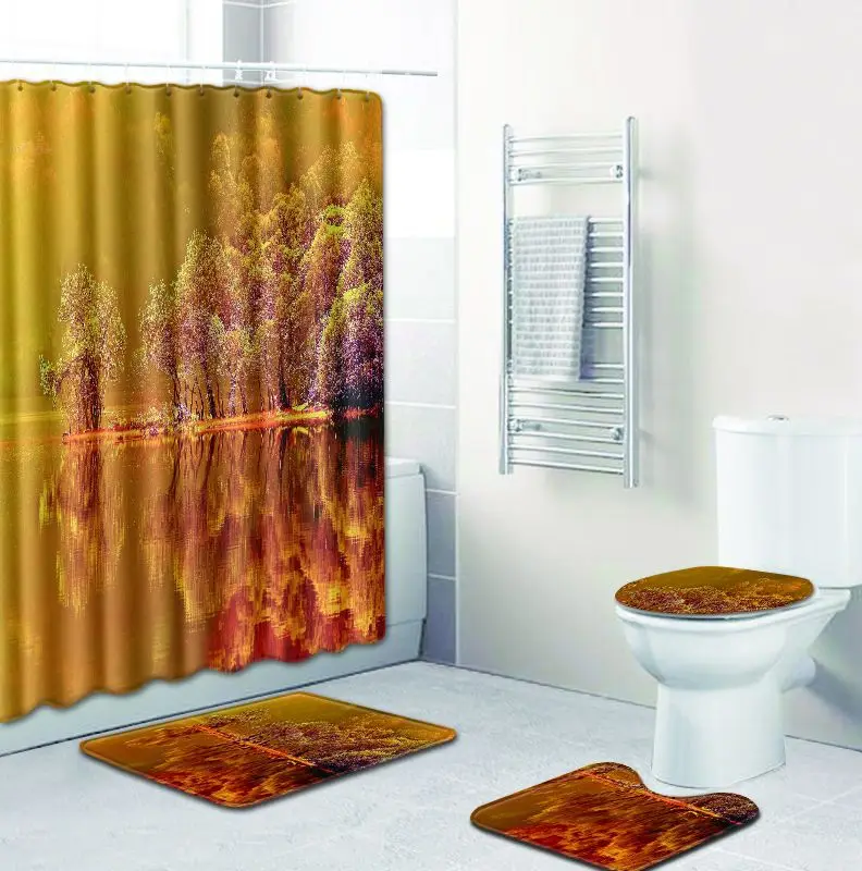 

Forest trees printed 3d curtains waterproof fabric washable bathroom shower curtain screen with hooks and bath mat carpet set