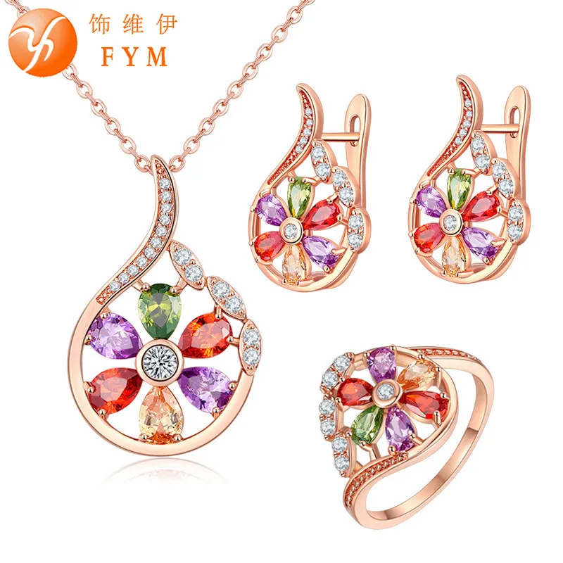 

FYM Luxury Bridal Jewelry Sets inlay Colorful CZ Necklace Earrings Ring Set Rose Gold color Hollow Flowers Decoration Gift Women