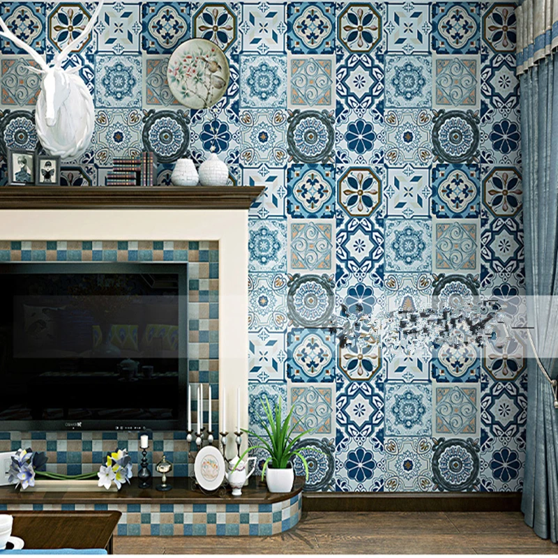 

Bohemia Wallpapers Blue Faux Tin Ceiling Tile 3D Wall Cloth Rolls Metallic Vinyl Tile Decals Retro Wallpapers for Living Room