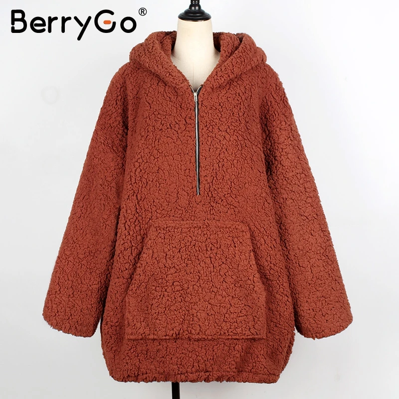 Deep Camel BerryGo искусственная овечья шерсть Толстая Женская куртка пальто размера плюс зимнее теплое плюшевое пальто с капюшоном меховое пальто верхняя одежда женское пальто - Цвет: Deep Camel