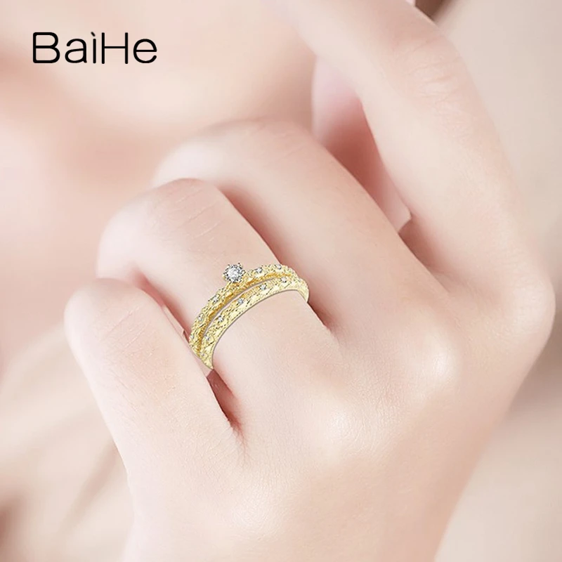 

BAIHE Solid 18K Yellow Gold 0.10ct H/SI Round Natural Diamonds ring for women wedding Band Trendy Fine Jewelry