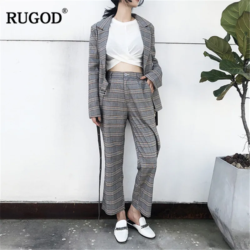 RUGOD Work Fashion Pant Suits new 2 piece set women spring double-breasted plaid Blazer Jacket& pants Office Lady Suits