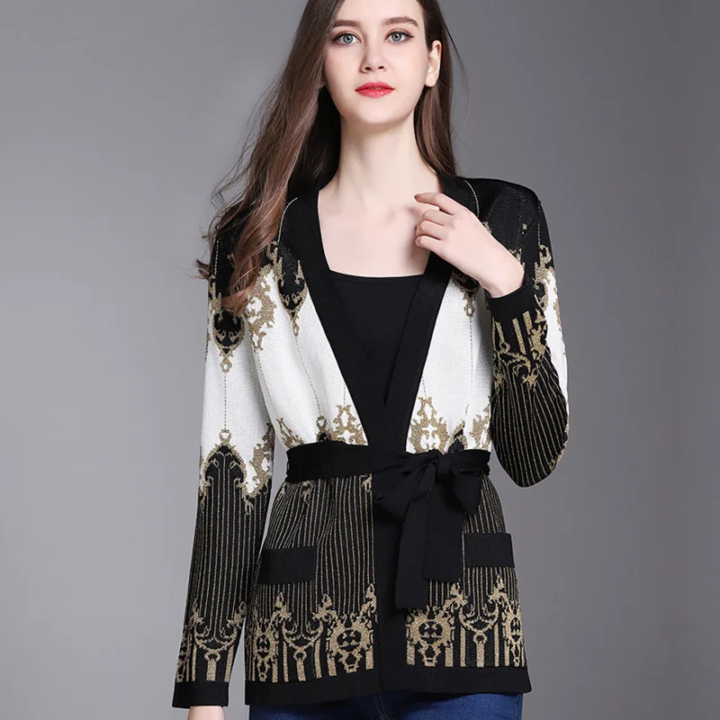 2018 Winter Runway Vintage Designer Chic Knitting Sweater Women Jacket Striped Gold Thread Lady Wool Party Cardigan Coat Clothes |
