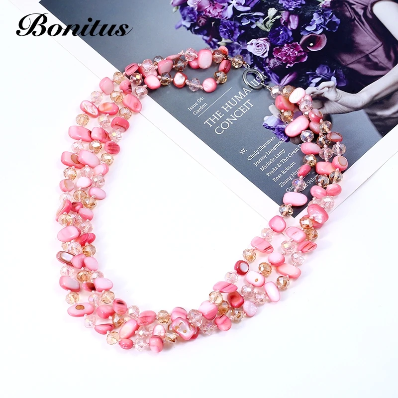 [Bonitus Jewelry] Новое поступление модное колье эффектные ожерелья многоуровневые стеклянные кристаллы и оболочка для женщин Горячая 06N3189