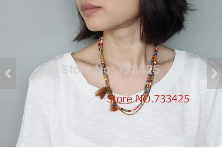 Candy Stone Tassel Long pendant Necklace women handmade woven with cotton cord coloured turquoies and slide closure | Украшения и