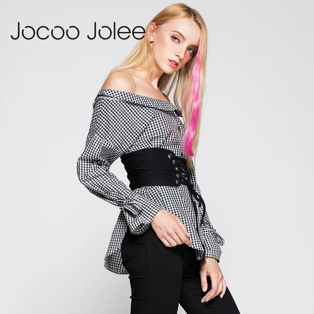 Jocoo Jolee Off Shoulder Plaid Blouse with Sashes - Women's Lantern Bow Sleeve Loose Streetwear Shirt Autumn Casual New Arrivals image 3