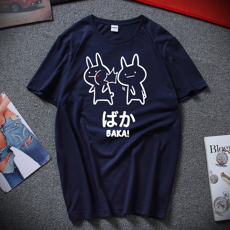 Baka Rabbit Slap футболка, японские забавные аниме топы, мужские хлопковые футболки с коротким рукавом и круглым вырезом, новинка, японская футболка, европейский размер - Цвет: Тёмно-синий