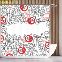 unique shower curtain red and black minimalist themed sketchy birds swirls and apple shapes scarlet and white bathroom decor