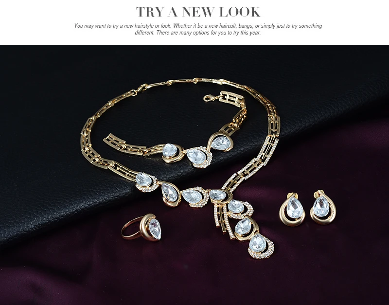 Water Drop Jewelry Set Accessories Gold Color Nigerian Wedding African Beads Necklace&earring&bracelet&ring | Украшения и