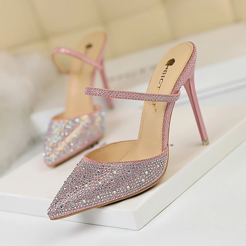 BIGTREE green sandals high heels summer shoes woman sexy rhinestone sandales femme 2019 stiletto shallow party sandalia feminina | Обувь