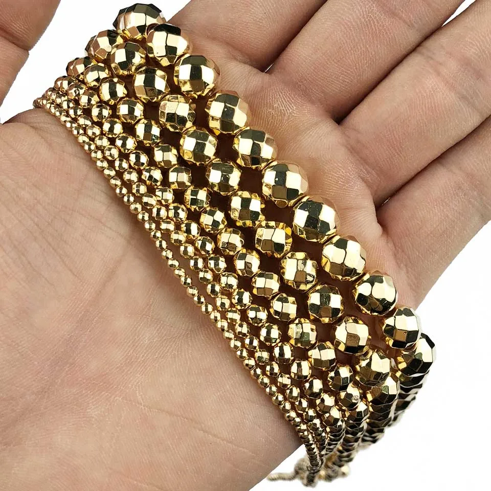 14K Gold JHNBY, розовое золото, черный, серебряный, граненые круглые бусины из гематита, натуральный камень, 2~ 10 мм, свободные бусины, ювелирные изделия, браслет и ожерелье, сделай сам - Цвет: 14K Gold