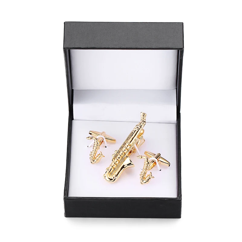 DY High-end марка музыка Золотой sax зажим для галстука, Запонки Box Set мужчины французский рубашку запонки зажим для галстука black Box Set, 1 шт