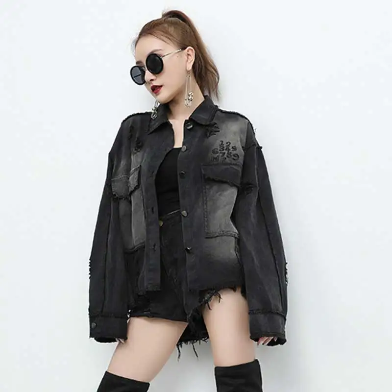 Women Black Riped Punk Denim Jacket Loose Jeans Vintage Casual Street Harajuku Coat Female Casaco Feminino | Женская одежда