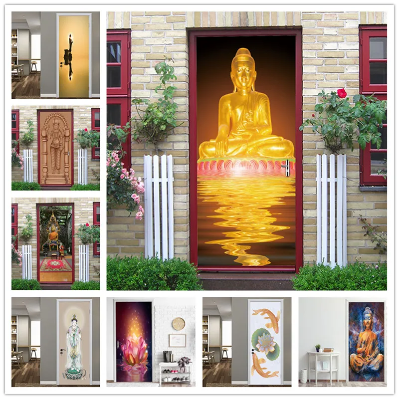 Настенные 3D-наклейки на двери в буддистском стиле самоклеящиеся