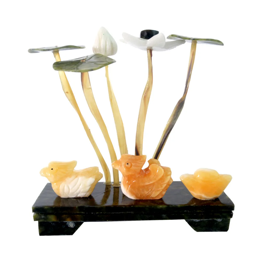 Фэн-шуй натуральный Нефритовый камень лотос растение W пара Мандарин утки-Любовь