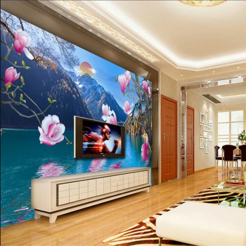 Обои beibehang Фотообои наклейки Красивый Ландшафт цветы и птицы ту хутан лунный свет