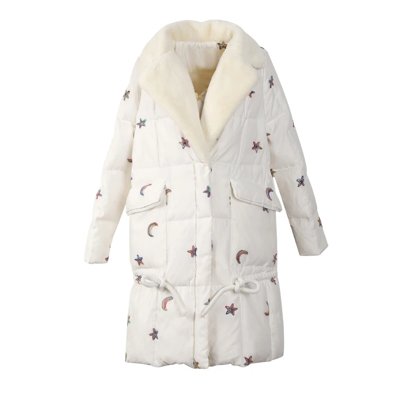Мультфильм Вышивка Теплая Куртка-пуховик белого цвета на утином пуху меховой