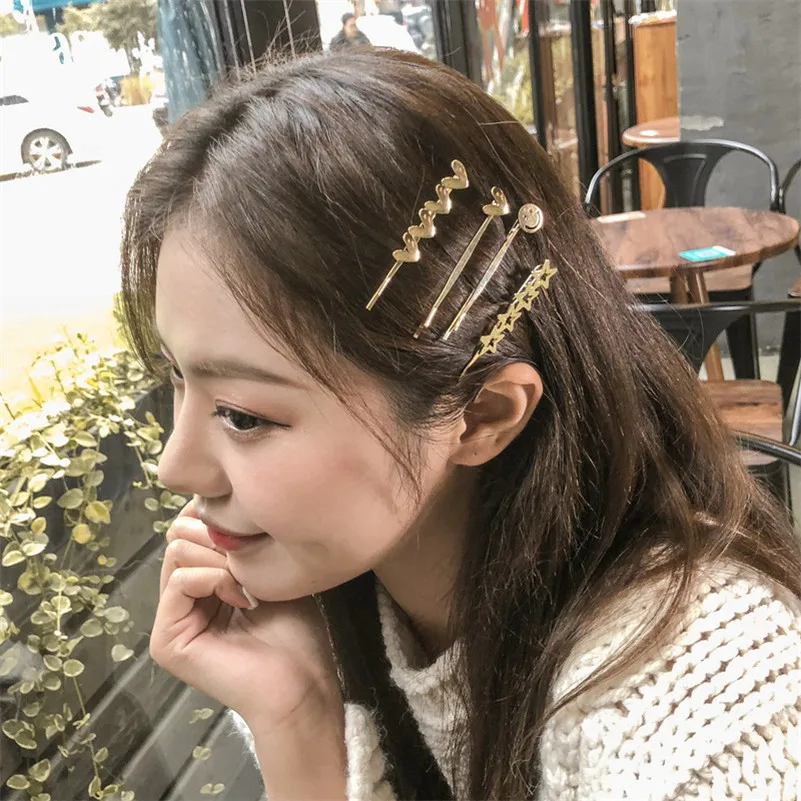 

Korea New Trendy Gold Color Lovely Small Heart Smile Star Hairpins For Women Fashion Hair Clips Long Barrettes Girls Hairgrips