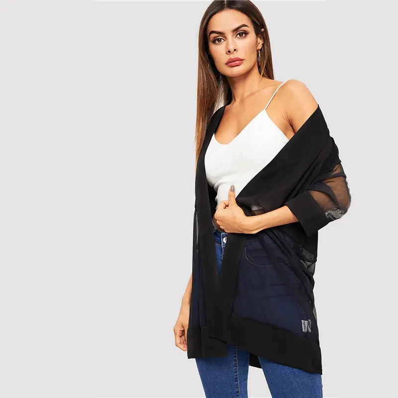 SHEIN Однотонная Накидка Летнее Пальто Кимоно С Прозрачными Вставками Длинное Кимоно С Длинным Рукавом