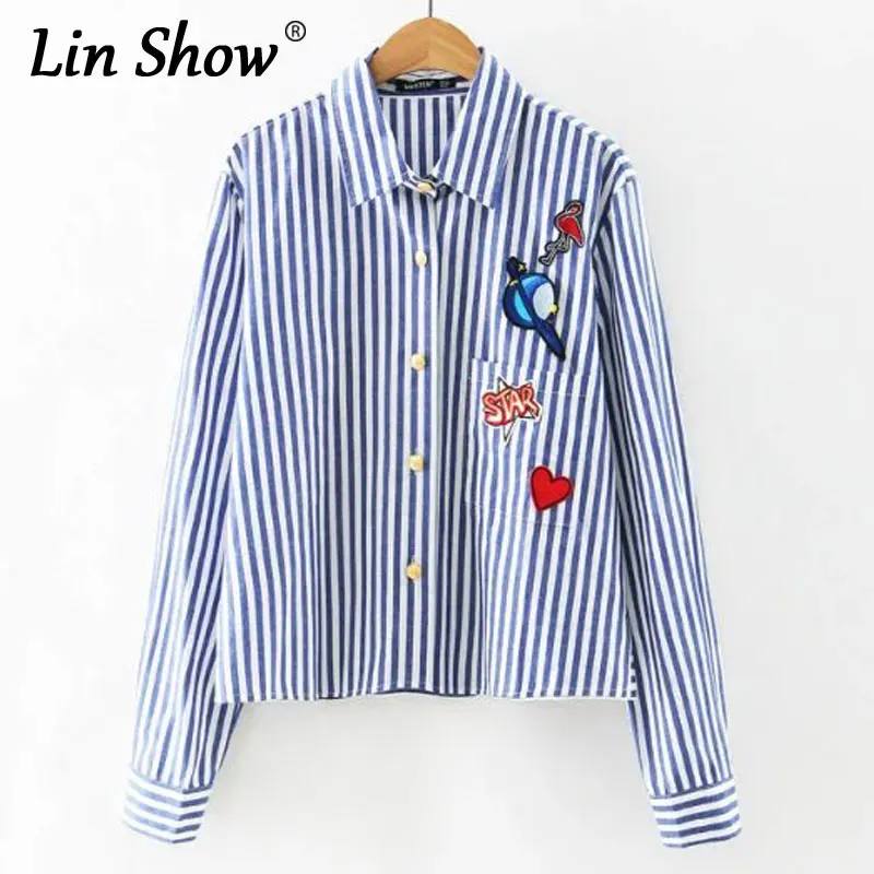 Linshow мультфильм вышивка Синий Полосатый Женщины блузка кнопки Карманы с длинным