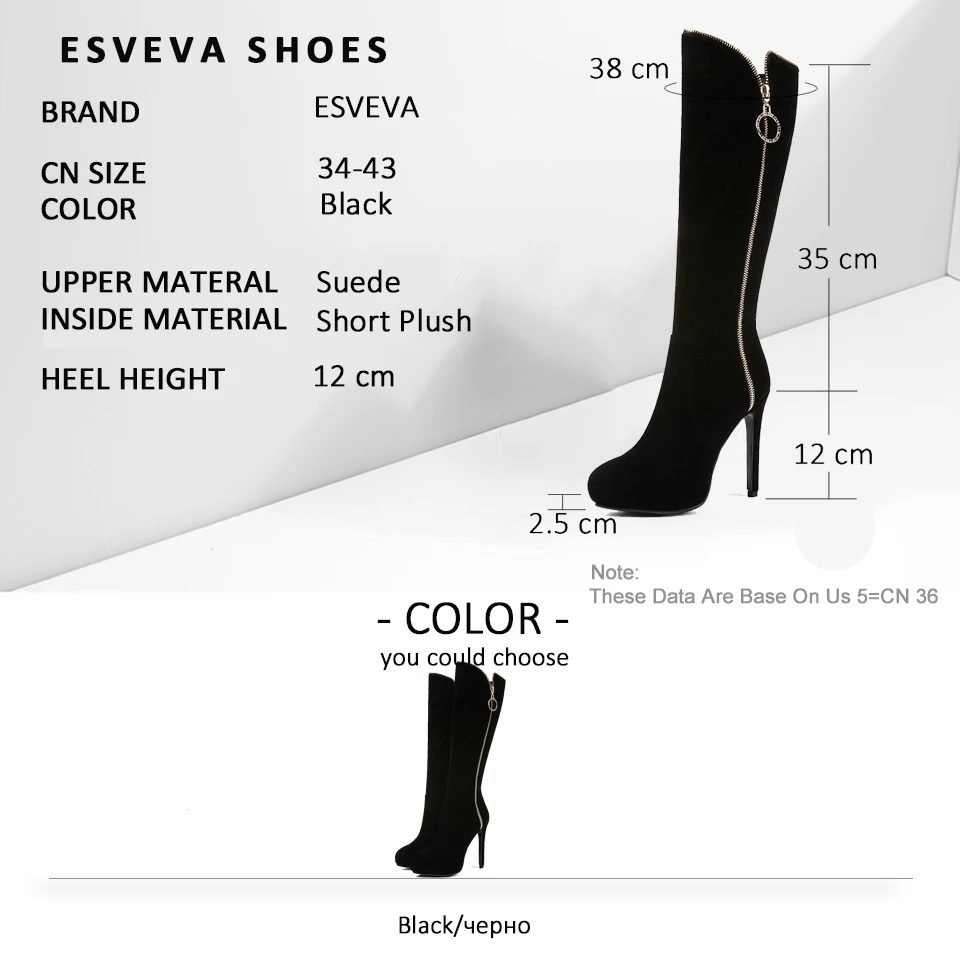 

ESVEVA 2019 Women Boots Platform 2.5cm Thin High Heels Zipper Pointed Toe Winter Shoes Elegant Shoes Woman Knee-high Boots 34-43