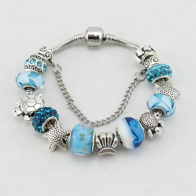 Женский браслет с подвесками в виде морской звезды синий цвет|charm bracelet|bracelet