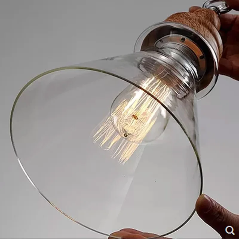 

Rustic wooden grain American style E27 LED bulb pendant light home deco vintage hanging chain single head clear glass Lighting