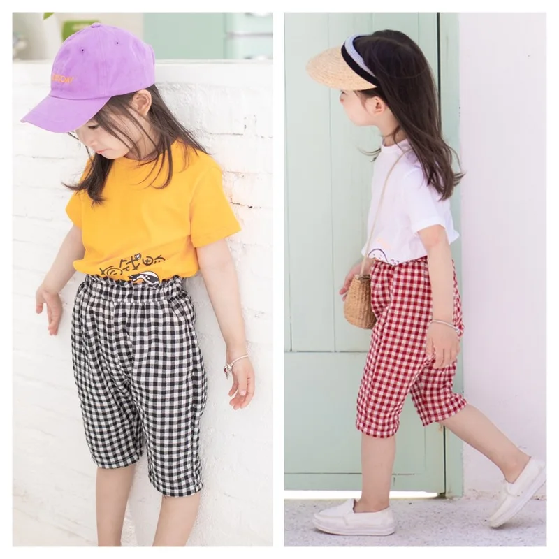 

Летние повседневные свободные тонкие штаны для маленьких девочек 2, 3, 4, 5, 6 лет, хлопковые клетчатые брюки, спортивная одежда, штаны-шаровары ...