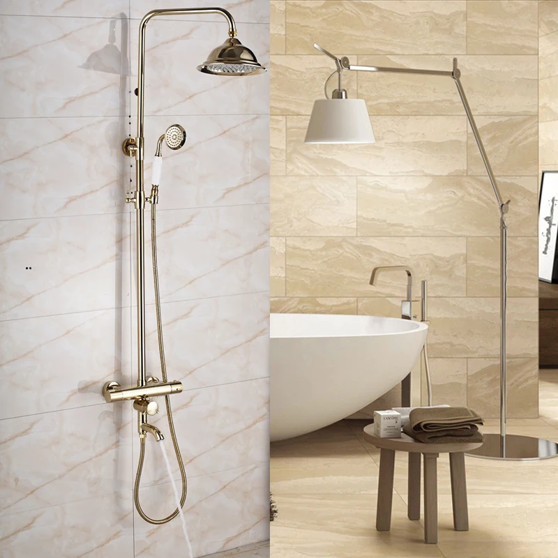 Золотой двойной ручкой для ванной Душевой набор с термостатический смеситель