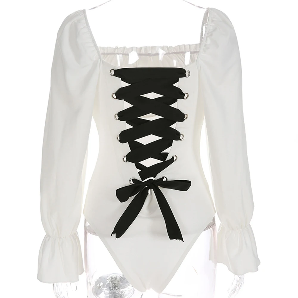 Сексуальное боди для женщин с длинным рукавом с расклешенными рукавами, со шнуровкой, с открытой спиной, квадратный воротник, гимнастический костюм с открытой промежностью, облегающее тело Harajuku