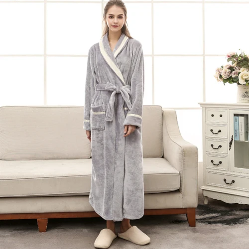 Grey Women RB0289 теплый зимний халат для женщин и мужчин Фланелевая пижама длинный халат с длинными рукавами для влюбленных пар мужской женский халат плотного размера плюс халат - Цвет: Grey Women