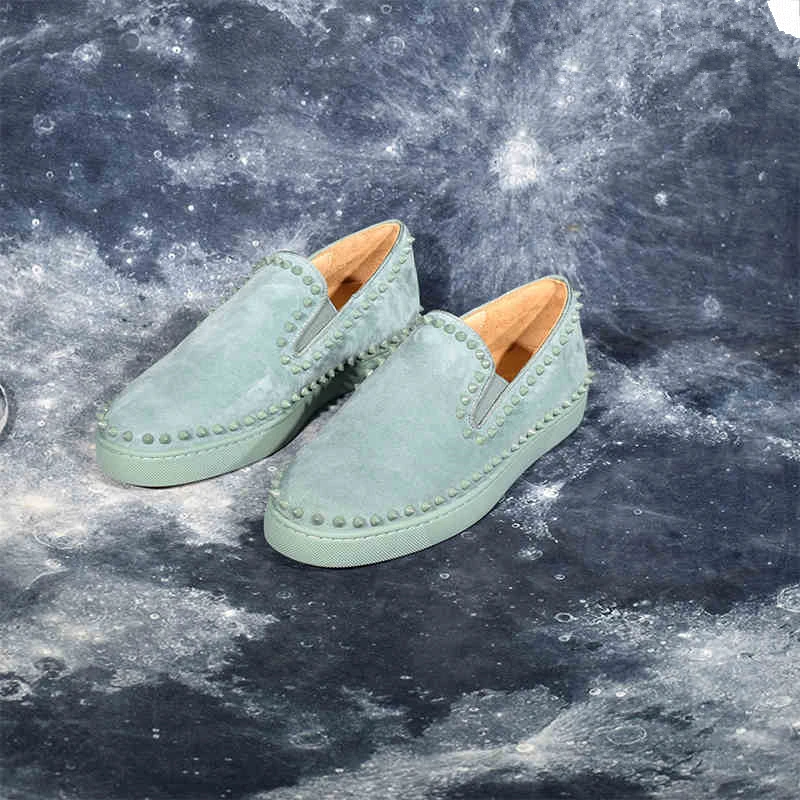 Suede Leather Pattern Flats Men Studded Spikes Red Thick Sole Loafers Male Round Toe Slip On Casual Shoes Rivets Green 48 | Обувь