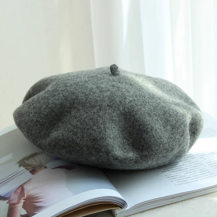 dark grey Натуральный шерстяной берет на весну и зиму для женщин, для женщин, для художников, теплая прогулочная шапка, шапка французского художника, берет для женщин, подарок для девушек - Цвет: dark grey
