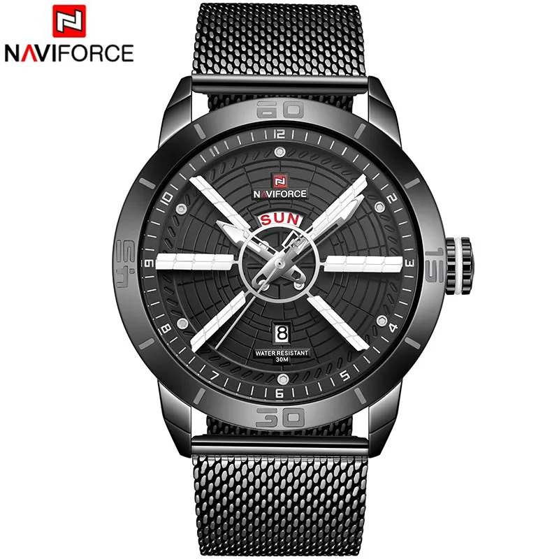 Black Black Black NAVIFORCE, мужские часы, кварцевые, с датой, нержавеющая сталь, водонепроницаемые часы, мужские, синие, люксовый бренд, мужские наручные часы, мужские часы - Цвет: Black Black Black
