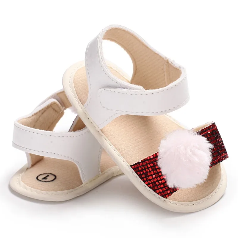 Infant Girls Sequins PU Sandals Baby Fur Ball Newborn Crib Shoes Soft Sole baby sandals | Мать и ребенок