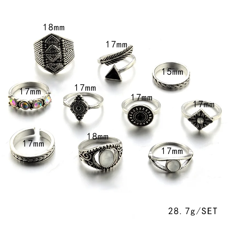 Sindlan Ring Fashion Vintage Jewelry Bohemian Engraving Motif Crystal Opal Exaggerated Punk 10pcs / Set Knuckle For Women | Украшения и