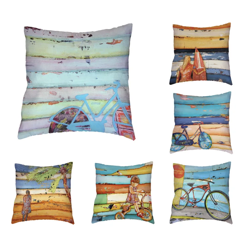

Happy Beach Life Cushion Cover Skateboard Surf Taking Pictures Sofa Covers For Living Room Pillow Covers Home Couch Decoration