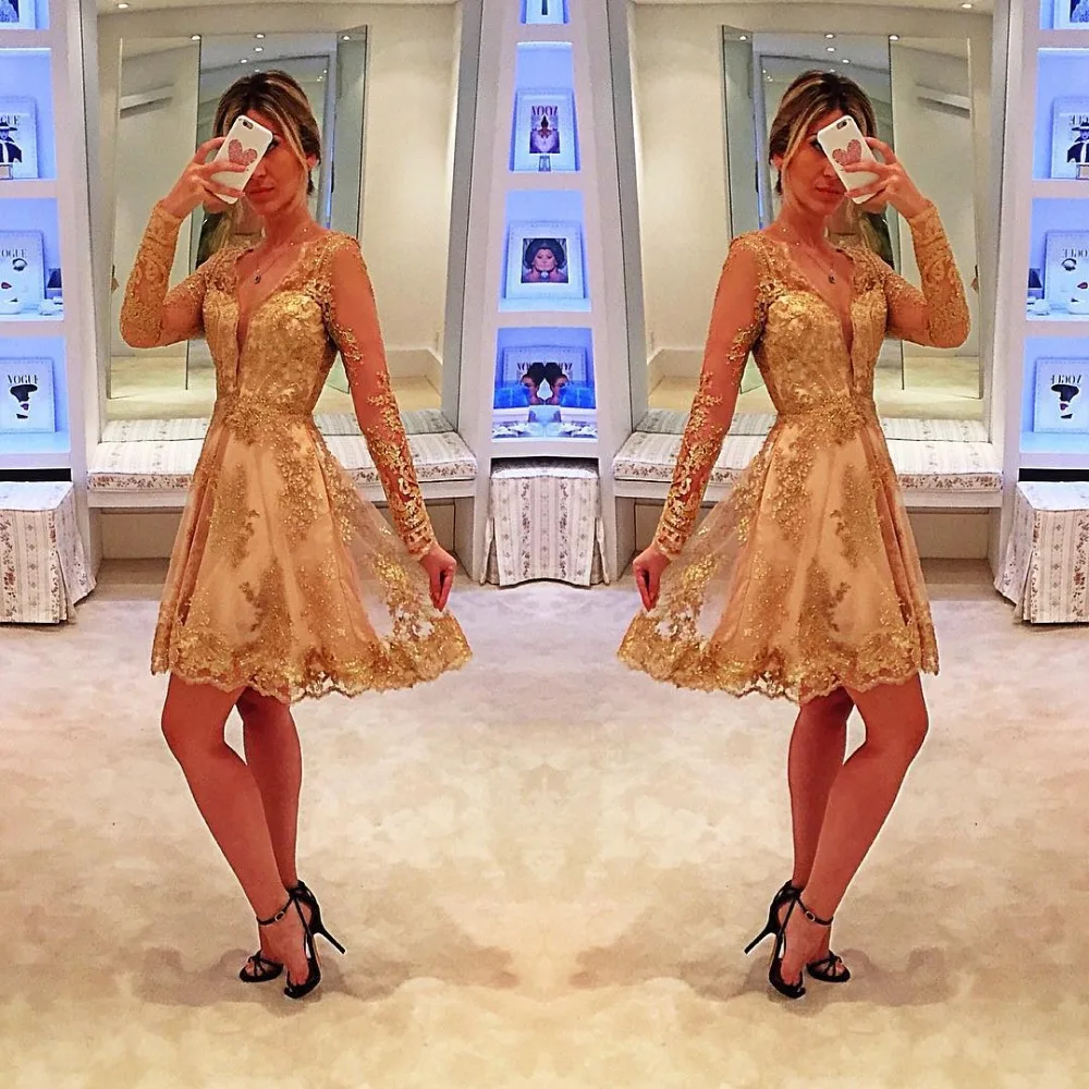 

Cocktail Dresses Gold Plus Size Long Sleeve Short Evening Prom Dress 2022
