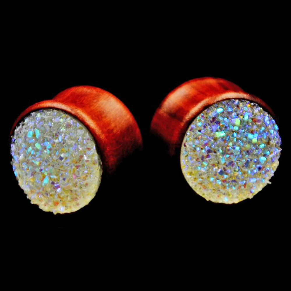 BOG-PAIR синтетический Druzy двойное расклешенное седло для ушей из дерева, тоннель, пробки для пирсинга, расширитель для ушей, модные ювелирные изделия 8-18 мм