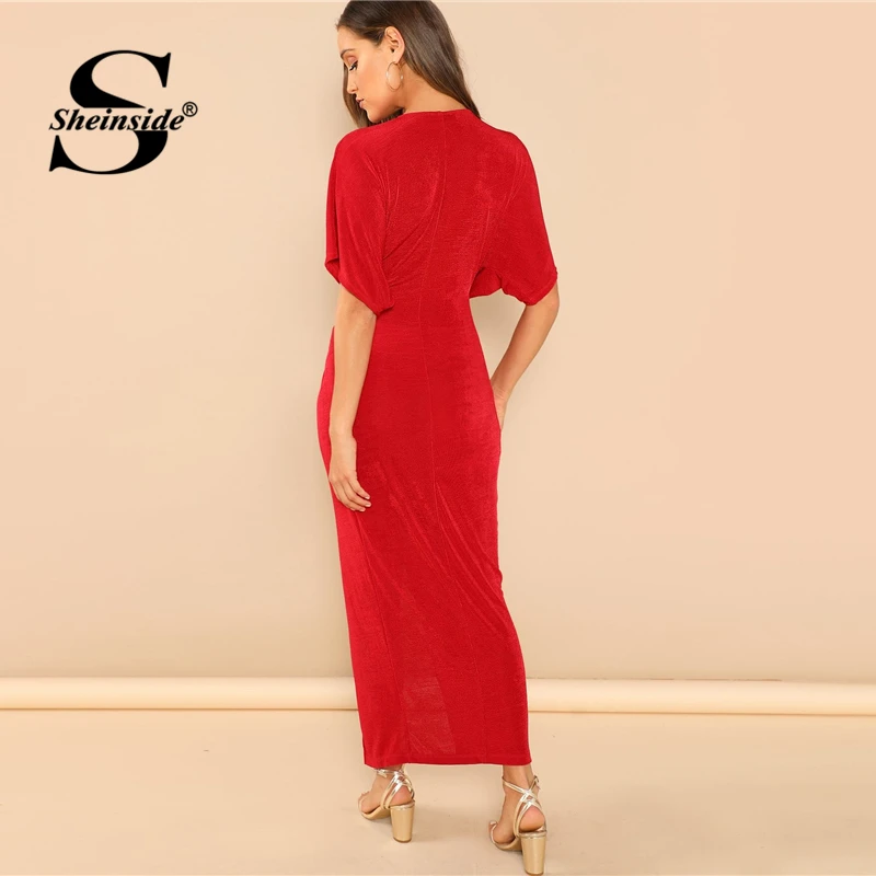 Sheinside, красное, крученое спереди, v-образный вырез, одноцветное платье, женское, короткое, рукав "летучая мышь", длинное, для вечеринок, для девушек, OL, для работы,, тонкое летнее платье