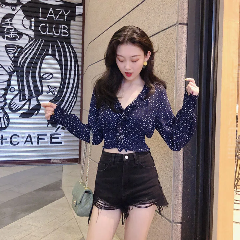 Autumn Long Sleeve Shirts Polka Dot V-neck White Blouse Sexy Pleated Navy Crop Top Female Fitness Casual Shirt Woman Clothes |