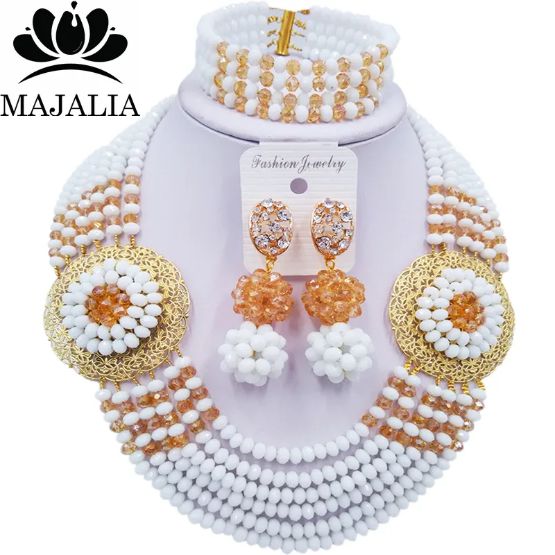 Ювелирный Комплект из колье и браслета с белыми кристаллами|african beaded jewelry|nigeria