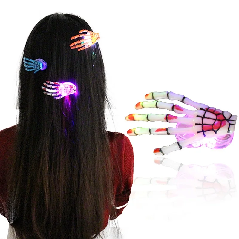

LED luminous ghost hand bone flash hair clips skeleton hand claw Japanese harajuku fluorescence hairpin Halloween props S2017429