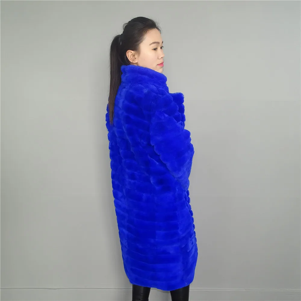 

MLHXFUR 100cm Sapphire Blue Rex Rabbit Fur Coats for Women Coat Outwear Suit Collar Parka Cloak Garment Plus Size XS to 7XL
