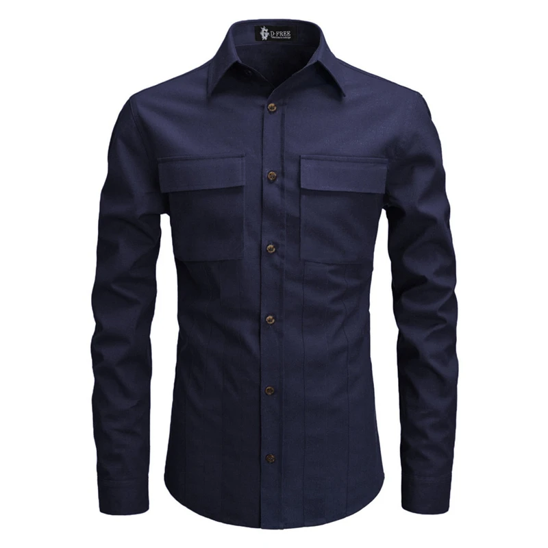 

Мужская Однотонная рубашка с длинным рукавом Camisa Masculina, повседневная Облегающая рубашка с несколькими карманами, 2019