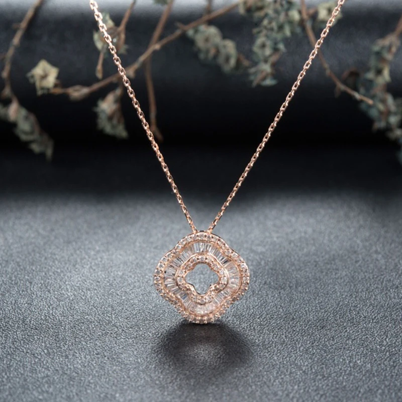 Aazuo 100% 18K White Gold Rose Real Ladder Diamond Fashion Flower Clover Necklace gifted for Women 18 Inch Link Chain Au750 | Украшения и